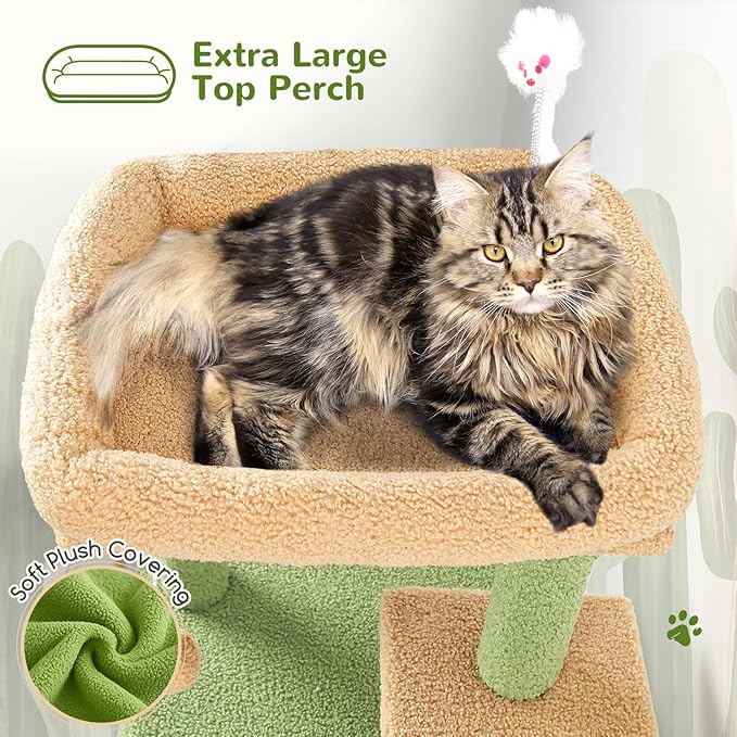 Globlazer Cactus Cat Tree Tower for Indoor Cats, 50-inch Adult Cat Tree House for Large Adult Cats with Steps, Scratching Post, 2 Cat Caves, Dangling Toys, FC50, Green-PurrikoPets