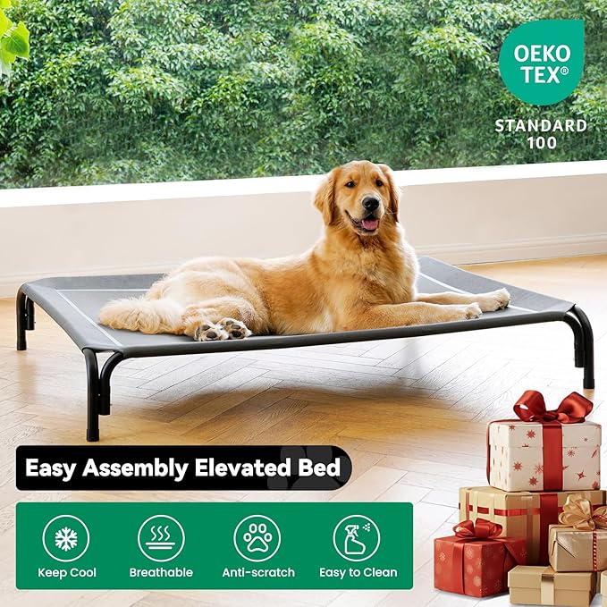 Elevated Dog Bed Raised Outdoor Dog Cot for Extra Large Dogs, Installation Requires No Tools, Frame with Washable Cooling Breathable Mesh Anti-Slip Feet, Indoor Pet Bed, Grey, 48.8 Inches-PurrikoPets