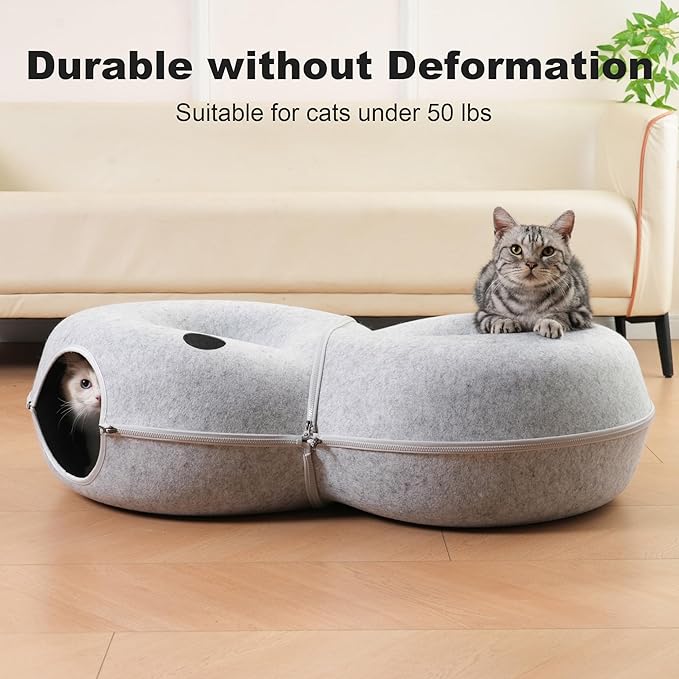 8-Shaped Large Cat Tunnel Bed for Indoor Cats, Infinite Circulation Peekaboo Cat Cave with 12 Toy Balls, Cat Donut Tunnel for Cats up to 30 Pounds (Light Grey, L 38x24x11in)-PurrikoPets