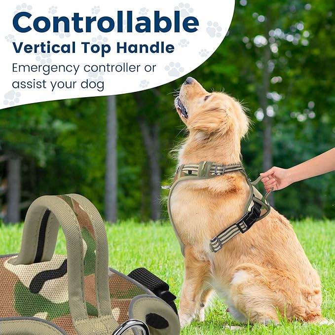 Funfox Dog Harness No Pull, Adjustable Pet Vest Harness, Super Soft Material with Vertical Handle Easy Control, Reflective Night Walking, 2 Leash Clips for Large Dogs, Camo Green, L-PurrikoPets