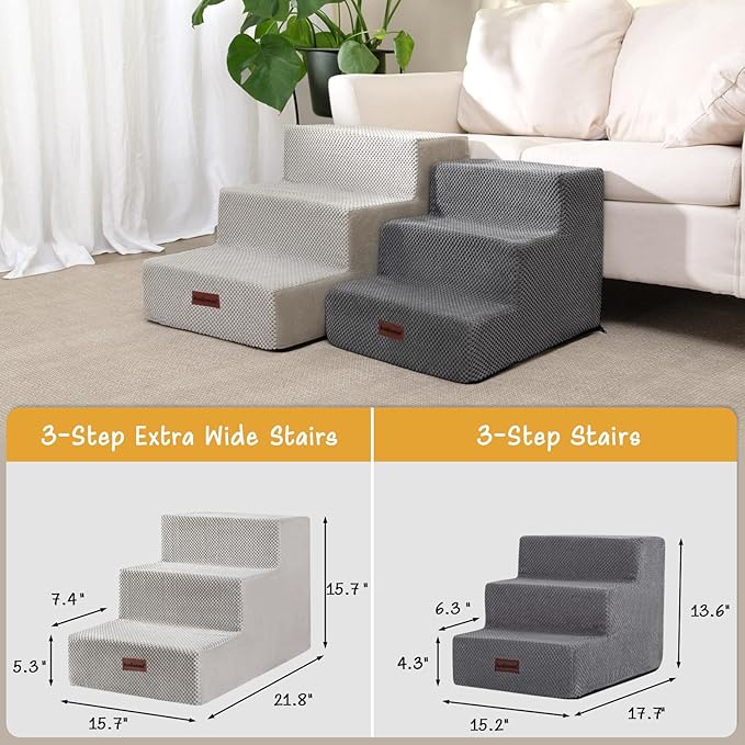 Dog Stairs for Small Dogs & Cats, 3-Step Extra Wide Non-Slip Pet Steps for Couch Sofa and Chair, Light Grey, 15.7" H-PurrikoPets