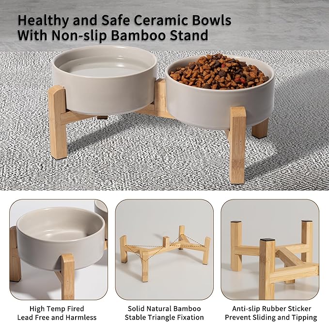 Elevated Ceramic Dog Bowl Set - Raised Feeding Bowls with Non-Slip Bamboo Stand - Small Pet Dishes for Food and Water - Ideal for Cats and Puppies - 16.23 OZ - 2 Cups - 480 ML-PurrikoPets