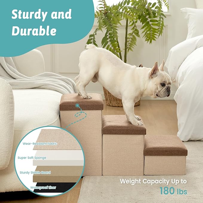Dog Stairs with Storage, 4-Step Wider Sturdy Dog Steps for Small/Medium/Large Dogs and Older Cats, Folding Doggie Ramp for Bed/Couch/Car Hold Up to 180 lbs (22" H, Brown)-PurrikoPets