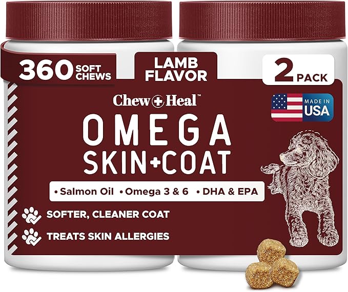 Dog Skin and Coat Supplement -360 Soft Chew Omega Treats for Skin Allergies -Salmon Oil Blend of Essential Fatty Acids, Omega 3, 6, Vitamins, Minerals -Made in USA (2 Packs of 180, Lamb Flavor)-PurrikoPets