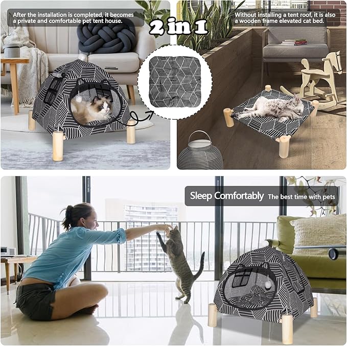 2-in-1 Elevated Cat Tent Cat House, Quick Assembly and Disassembly, Portable Indoor/Outdoor Cute Cat Bed Cave-Black Diamond Pattern-PurrikoPets