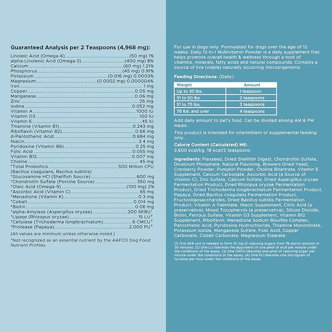 12-in-1 Multivitamin Powder for Dogs - 14 oz of Puppy and Senior Dog Vitamins and Supplements - Advanced Formula with Glucosamine, Omega 3,6,9, Vitamins, Probiotics, and More - Made in The USA-PurrikoPets