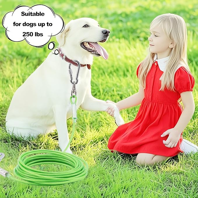 Dog Tie Out Cable for Outside,50FT Heavy Duty Dog Leash&Chains with Swivel Hook,Small-Large Dogs Runner Cable for Dogs Up to 250lbs, Long Lead Line for Yard Outdoor and Camping (250lbs 50FT, Green)-PurrikoPets