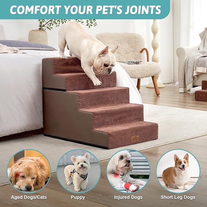 Dog Stairs for Small Dogs, 5 Tier Removable Wider Pet Stairs for Couch and Bed, 23.6" H Non-Slip Dog Steps for Puppies and Old Cats with Support Board, 29.5x19.7x23.6 inch, Brown-PurrikoPets