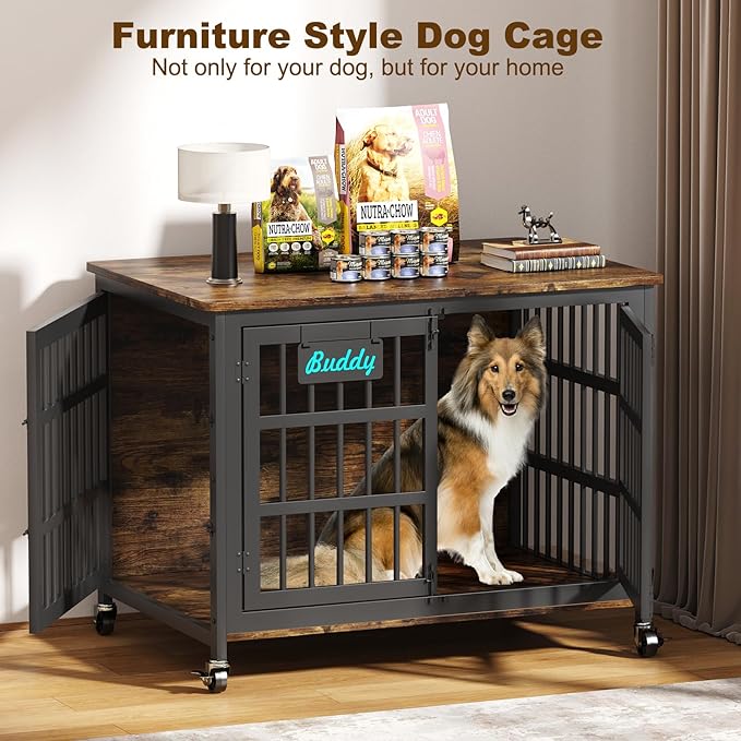 EasyCom 41"/33"/27" Dog Crate Furniture with Name Tag, Heavy Duty Dog Kennel Indoor for Medium Dogs, Double-Doors Sturdy Metal Dog Cage for Anxiety Dog, Decorate House as TV Stand, End Table-PurrikoPets