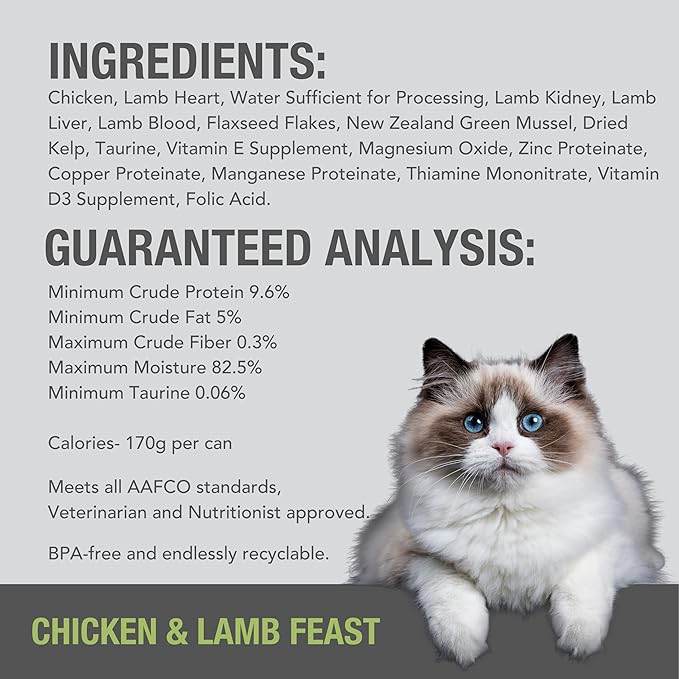 Feline Natural New Zealand Canned Catfood Wet Food, High-Meat, Low-Carb, & Grain Free Cat Food Wet, Chicken and Lamb Feast, 6 oz, Pack of 12-PurrikoPets