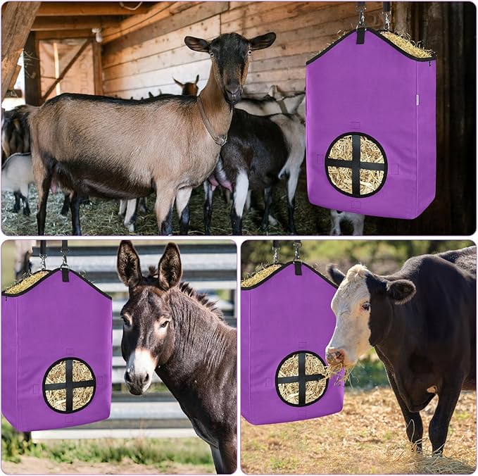 3 PCS Goat Hay Feeder,Hay Bags for Horses,Goats,Donkeys with Reinforced Oxford Fabric and High Strength Metal Clasp,Horse Feeding Supplies with Adjustable Strap for Easy Hanging(2Purple+1Orange)-PurrikoPets