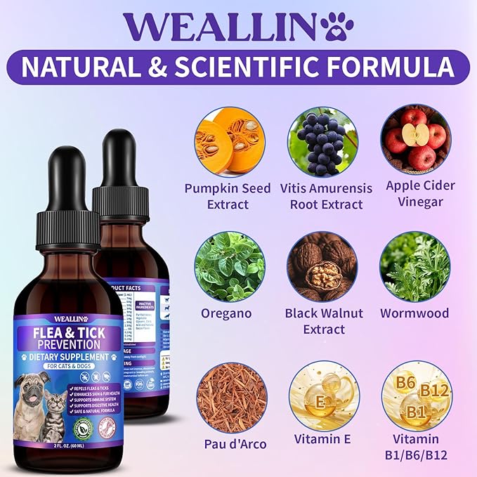 Flea and Tick Prevention Support for Cats and Dogs Natural Flea Treatment Drops with Multivitamin for Pets Oral Natural Supplement Flea and Tick Treatment Drops for All Breeds and Ages-PurrikoPets