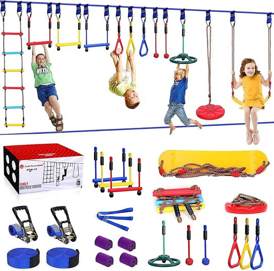 2x65 FT Ninja Warrior Obstacle Course for Kids with 13 Ninja Accessories - 600lbs Weight Capacity, Slackline with Swing Seat, Disc Swing, Ninja Wheel, Rope Ladder, Monkey Bar, Ninja Ring, Arm Trainer-PurrikoPets