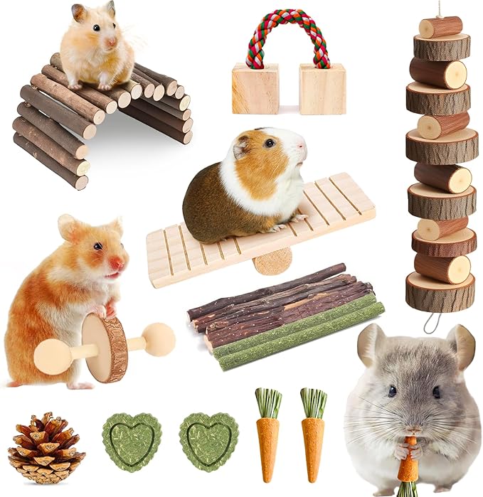 18 PCS Hamster Chew Toys Set, Natural Apple Wood Guinea Pig Toys, Hamster Cage Accessories Include Bridge, Seesaw, Carrot, Timothy Straw Stick Dental Care for Rat Gerbil Chinchilla Rabbits-PurrikoPets