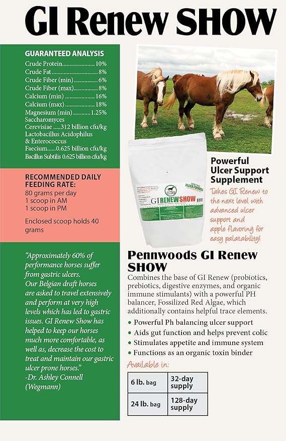 GI Renew Show, Probiotics for Equine, Immune and Appetite Stimulation, Prebiotics, Digestive Enzymes | Horse Supplement Providing Ulcer Relief and Treatment, Organic Toxin Binder, 6 LB Bag-PurrikoPets