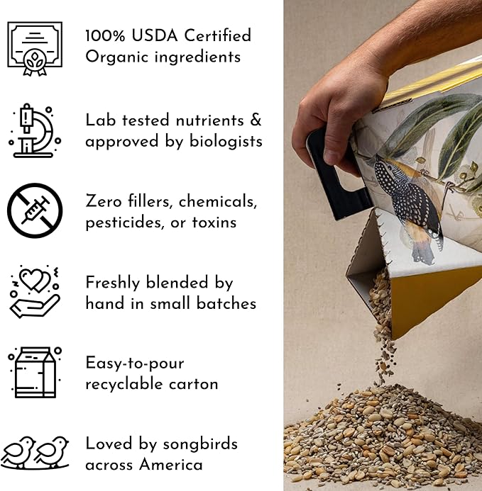 Flying Colors Premium Organic Wild Bird Seed | Black Oil Sunflower Seed | USDA Organic Ingredients | Best Seed for Backyard Bird Feeders | 3 Gallon Easy-Pour Carton-PurrikoPets