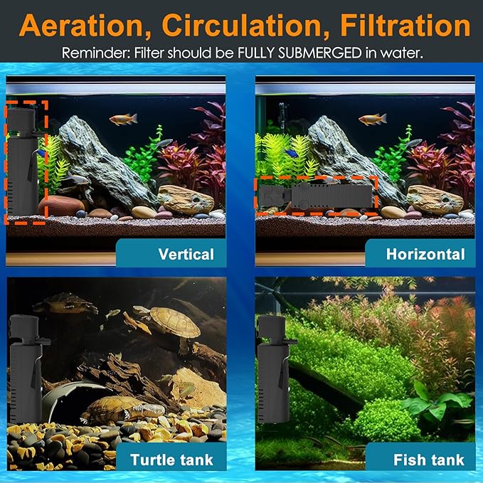 Fish Tank Filter with U - V Light & Timer (3/6/12/24 Hours) for Green Water Cleaning, Aquarium Filter with Aeration Turtle Tank Filter with Pre-Filter Sponge for Tanks 10-40 Gallon-PurrikoPets