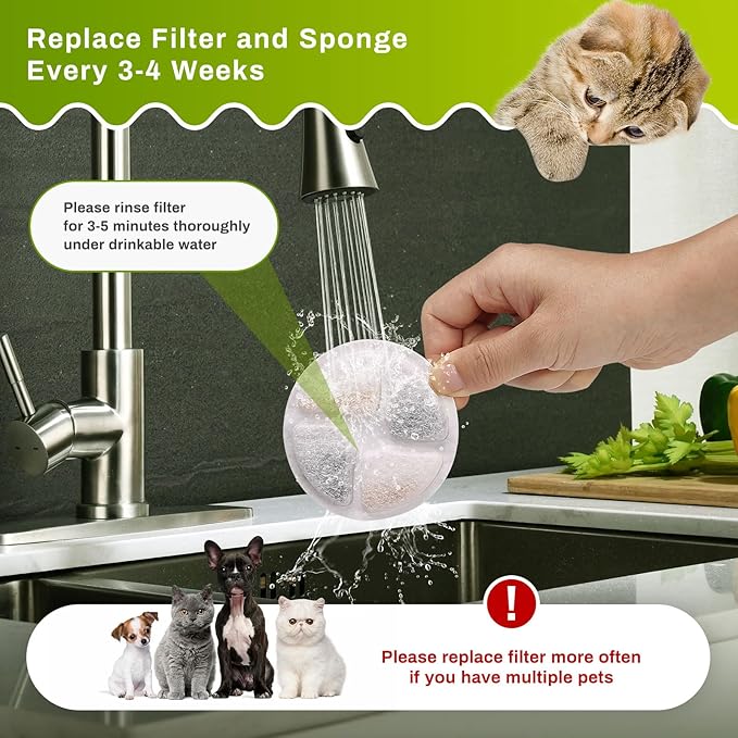 5 Set Cat Water Fountain Filter Replacement for Round 2L/67oz Stainless Steel Cat Fountain, ZEKIRY Pet Fountain Filter, Triple Filtration Replacement Filters(5 Filter, 5 Sponge, 5 8D Sponge)-PurrikoPets