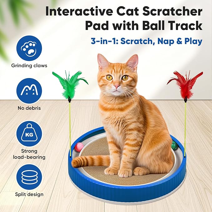 20-Inch Round Cat Scratcher with Ball Track – 3-in-1 Cardboard Scratching Pad with Feather Toy & Non-Slip Base – Interactive Cat Toy for Indoor Cats, Kittens & Large Cats (Blue)-PurrikoPets