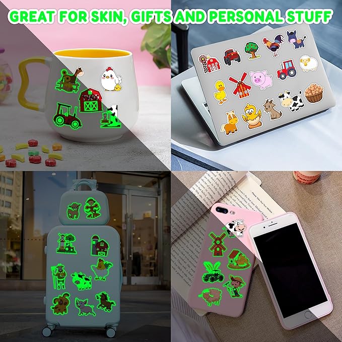 96 PCS Farm Barnyard Animal Glow In The Dark Pre-Cut Temporary Tattoos Sticker 1st First 2nd Birthday Decorations Party Favors Supplies Gift Boy Girl Farmhouse Tattoo School Reward Themed (Luminous)-PurrikoPets