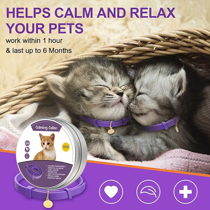 4 Pcs Cat Calming Collar Adjustable Lavender Scent Relaxing Cat Collar with 2 Pendant for Puppies Reduce Stress Aggression Anxious, up to 15 Inches(Purple, Gold)-PurrikoPets