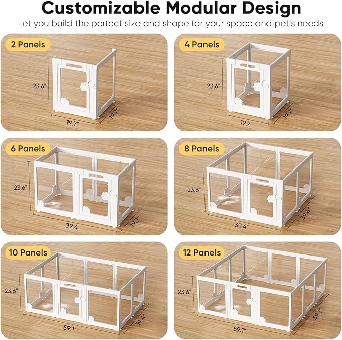 Acrylic Clear Dog Play Pen Indoors, Puppy Playpen with Door for Small Dogs Puppies, Transparent Plastic Pet Playpen Cage Fence Crate Kennel for Cat Kitten Rabbit Bunny Ferret etc (White-2 Panels)-PurrikoPets