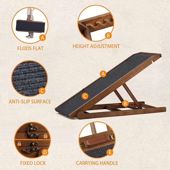 Dog Ramp for Bed Couch - Pet Steps Stairs to Get on Bed Couch 11.8"-19.6" High for Small or Large Dog Up to 200 lbs, Adjustable Wooden Dog Ramp Steps Foldable Portable, Anti-Slip Carpet (Brown)-PurrikoPets