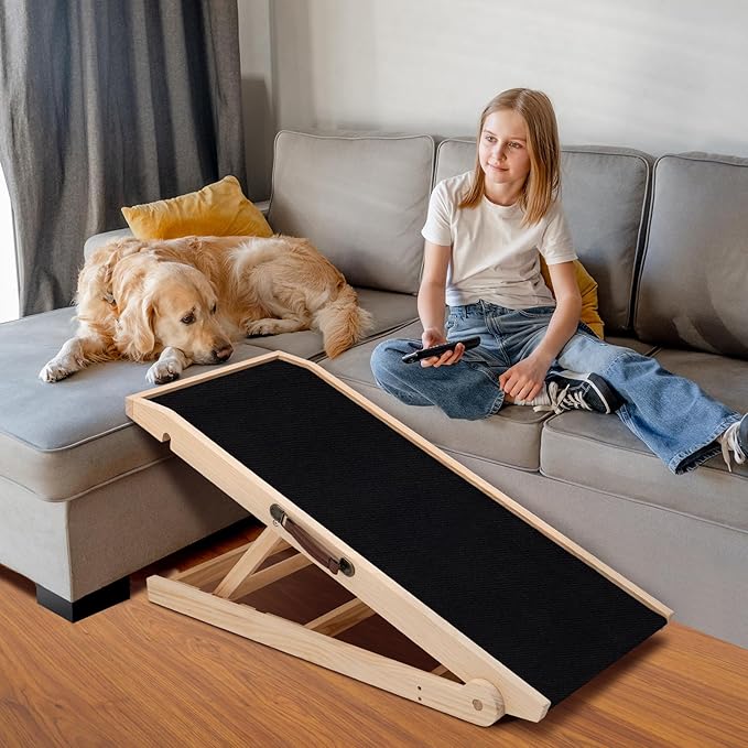 Dog Ramp for Bed, Adjustable Pet Ramps for Dog to Get on Bed, Non-Slip Rubber Surface - Folding Wooden Dog Ramp for Small/Large/Old Dogs, Adjustable up to 19.5 inch High Beds-PurrikoPets