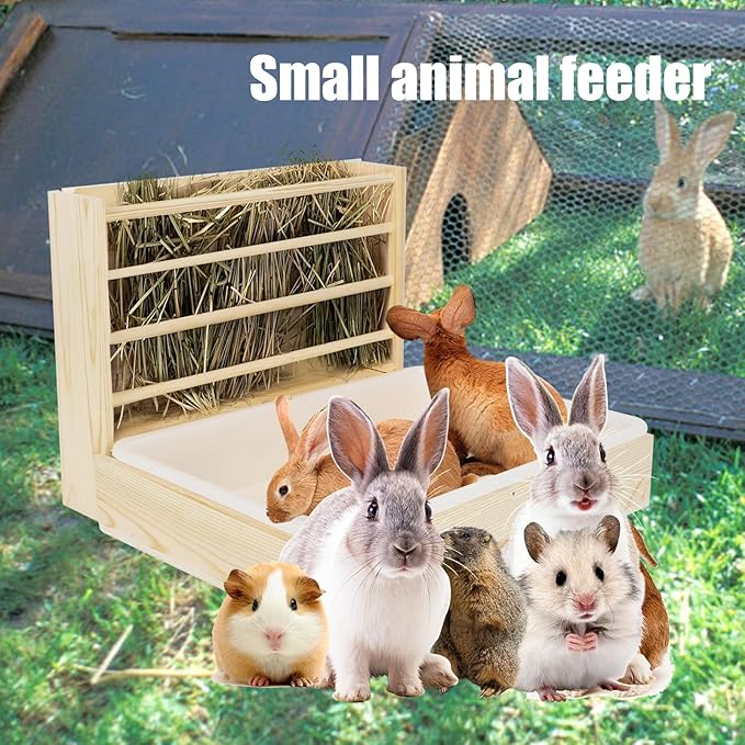 2 in 1 Wooden Rabbit Hay Feeder Box Safe Bunny Feeder Manger Grass Food Holder Rack Hay Holder with Toilet Rabbit Hay Feeder with Litter Pan Designed for Rabbits Guinea Pig Hamster Small Animals-PurrikoPets