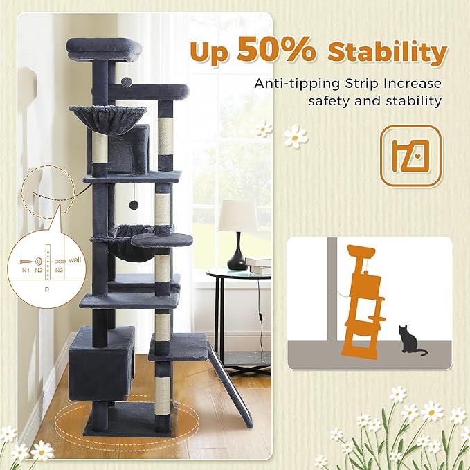 81 Inch Tall Cat Tree for Big Cats & Multi-Cat Homes, Large Heavy Duty Cat Tower with Metal Frame Hammock, 6 Scratching Posts, 2 Condos, 2 Perches, Scratching Pad - Dark Grey-PurrikoPets