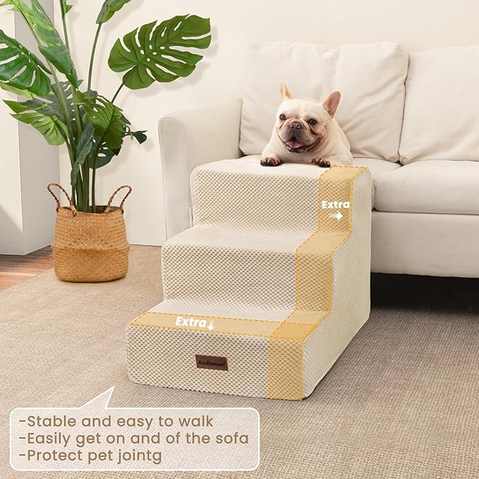 Dog Stairs for Small Dogs & Cats, 3-Step Extra Wide Non-Slip Pet Steps for Couch Sofa and Chair, Beige, 15.7" H-PurrikoPets
