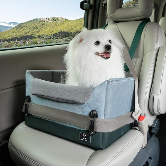 A 4 Pet Dog Car Seats for Small Dogs, Booster Car Seat with Patent Buckles & Clip-On Safety Leash, Pet Seat for Puppy Small Dogs Cats Under 25 Lbs, Green-PurrikoPets