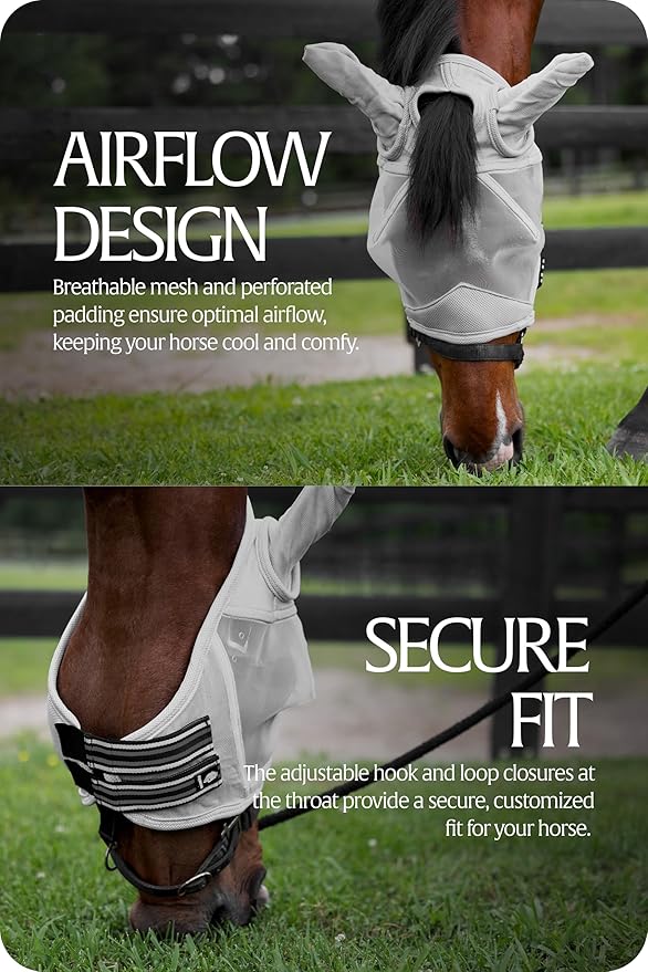 Equinavia Algard Soft Mesh Horse Fly Mask with Ear Protection and 45 UPF Rating | No Eye Irritation & UV Protection - Silver - Cob-PurrikoPets