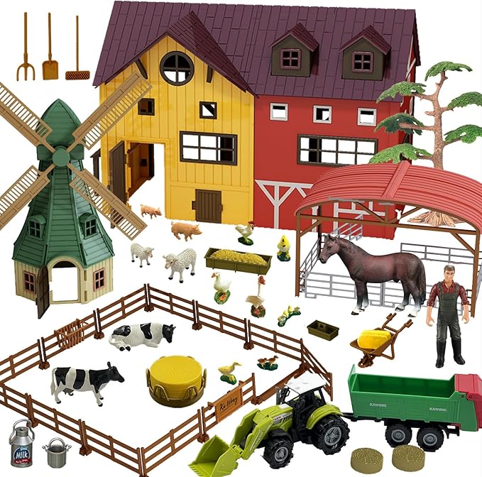 Farm Animals Figurines Toys -140 pcs Toy Set Barn Toy Horse Stable Tractor Trailer Windmill Farmer Fence Playset for Kids Toddlers Boy Girl 3-7 Years Old-PurrikoPets