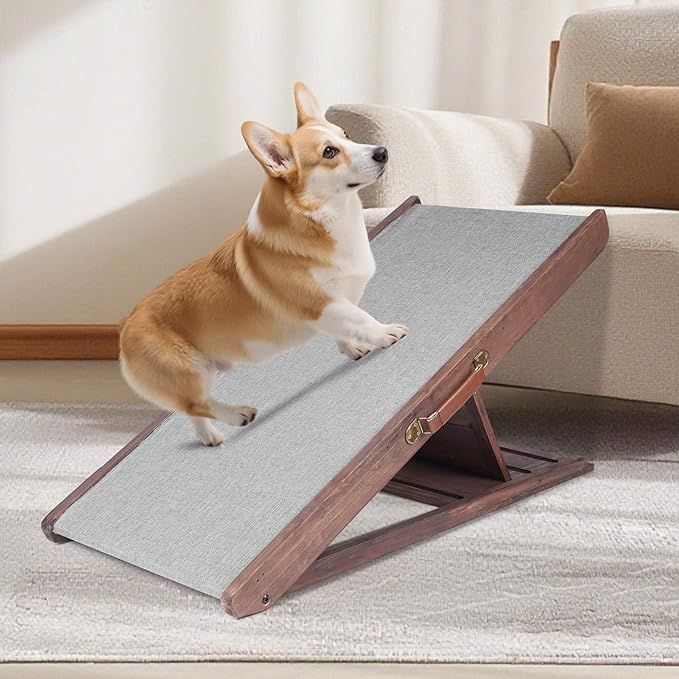 Folding Dog Ramp for Bed, Couch, Car, SUV & RV - Adjustable 4 Heights (12.2"-19.2"), 35.4" Long Wooden Pet Ramp with Non-Slip Mat & Safety Rails - Supports Pets up to 200 lbs-PurrikoPets