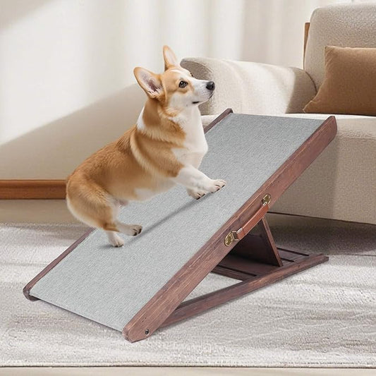 Folding Dog Ramp for Bed, Couch, Car, SUV & RV - Adjustable 4 Heights (12.2"-19.2"), 35.4" Long Wooden Pet Ramp with Non-Slip Mat & Safety Rails - Supports Pets up to 200 lbs-PurrikoPets