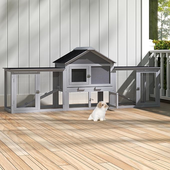 82.5” Large Wooden Rabbit Hutch Outdoor Easy to Assemble Rabbit Cage and Durable Bunny Hutch Indoor with Cleaning Tray & Waterproof Roof for Small and Medium Bunny Rabbit Chick (Grey)-PurrikoPets