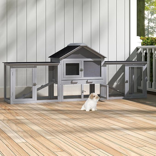 82.5” Large Wooden Rabbit Hutch Outdoor Easy to Assemble Rabbit Cage and Durable Bunny Hutch Indoor with Cleaning Tray & Waterproof Roof for Small and Medium Bunny Rabbit Chick (Grey)-PurrikoPets