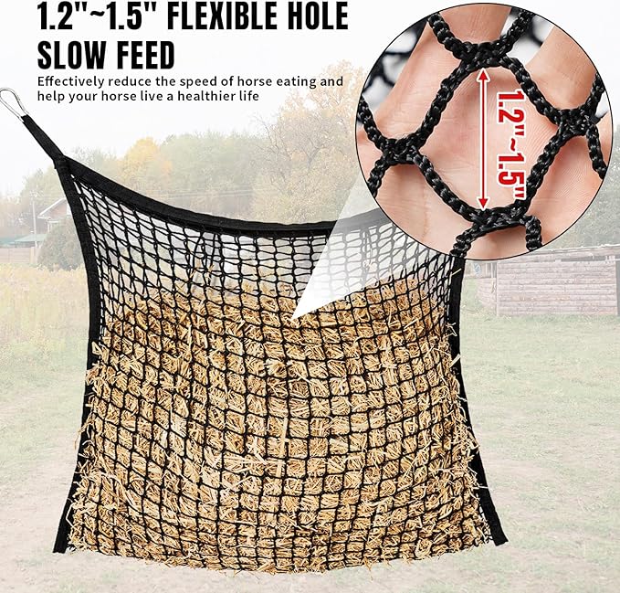 4 PCS Slow Feed Hay Net for Horses, Large Capacity Hay Bags for Horses Goats Sheep Donkey Trailer Full Day Feeding, Easy to Fill and Hang, Black, 35 x 31 Inch-PurrikoPets