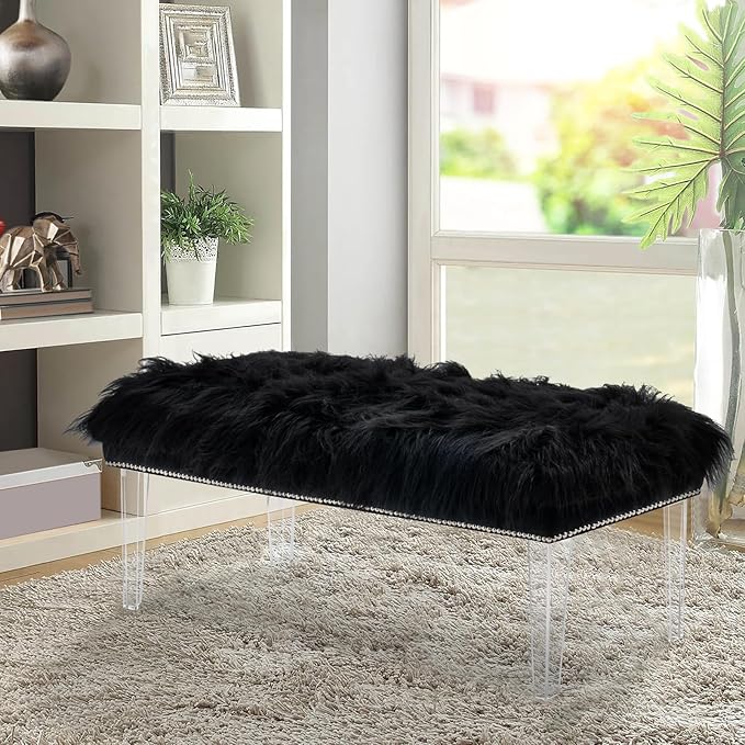 46 Inch Black Bedroom Bench, Benches for Bedroom White Faux Fur Upholstered Bed end Bench, Tufting Bench Indoor Bench with Acrylic Legs for Living Room Bedroom Dining Room Entryway, Black-PurrikoPets