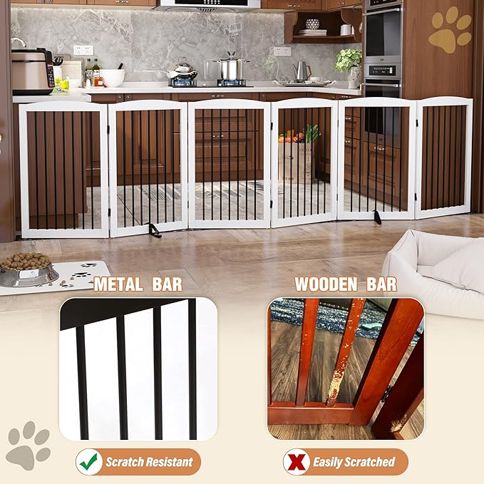 Freestanding Pet Gate for Dogs, Indoor Wooden Foldable Dog Gate for House, Extra Wide, Pet Fence for Stairs, Doorways, Halls, Support Feet Included, 120 Inch Wide, 6 Panels 32",White-PurrikoPets