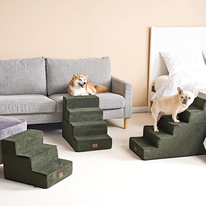 EHEYCIGA Dog Stairs for Small Dogs 13.5" H, 3-Step Dog Steps for Couch Sofa and Chair, Pet Steps for Medium Cats, Non-Slip Balanced Pet Ramp Indoor, Olive Green-PurrikoPets