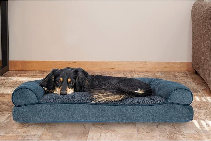 Furhaven Pillow Dog Bed for Medium/Small Dogs w/ Removable Bolsters & Washable Cover - Sherpa & Chenille Sofa - Orion Blue, Medium-PurrikoPets