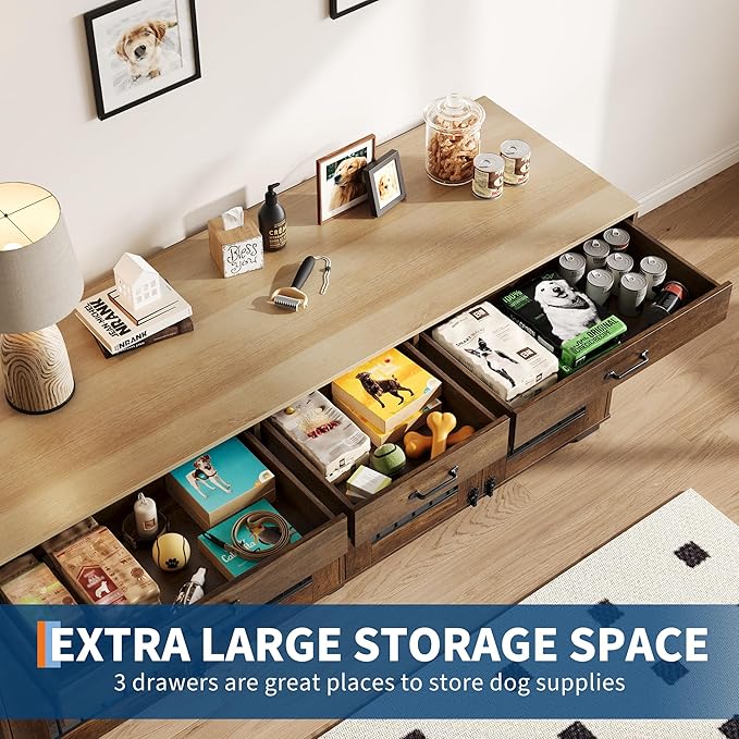 71 Inch Dog Crate Furniture for 2 Rooms, Wooden Double Crate Large Breed with Door, Dog Kennel Indoor, TV Stand End Table with Divider for Large Medium Dogs,Brown-PurrikoPets