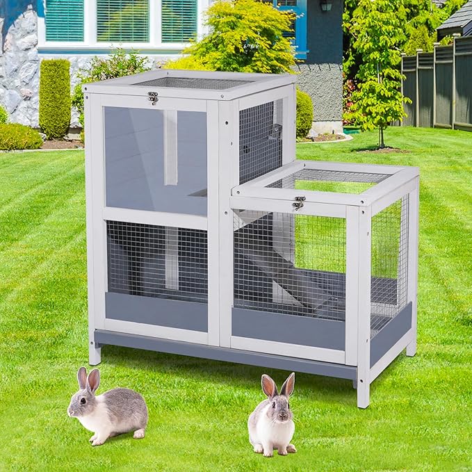 2-Story Guinea Pig Cages Wooden Indoor Rabbit Hutch Hamster Cage with Openable Roofs, Removable Tray and Wide Ramp, Small Animal Habitats for Hamsters, Guinea Pig, Ferrets, Hedgehog-PurrikoPets