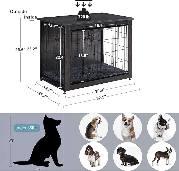 DWANTON Dog Crate Furniture with Cushion, Wooden Kennel Table with Double Doors, Indoor Dog House, Medium Size, 32.5" L, Dark Gray-PurrikoPets