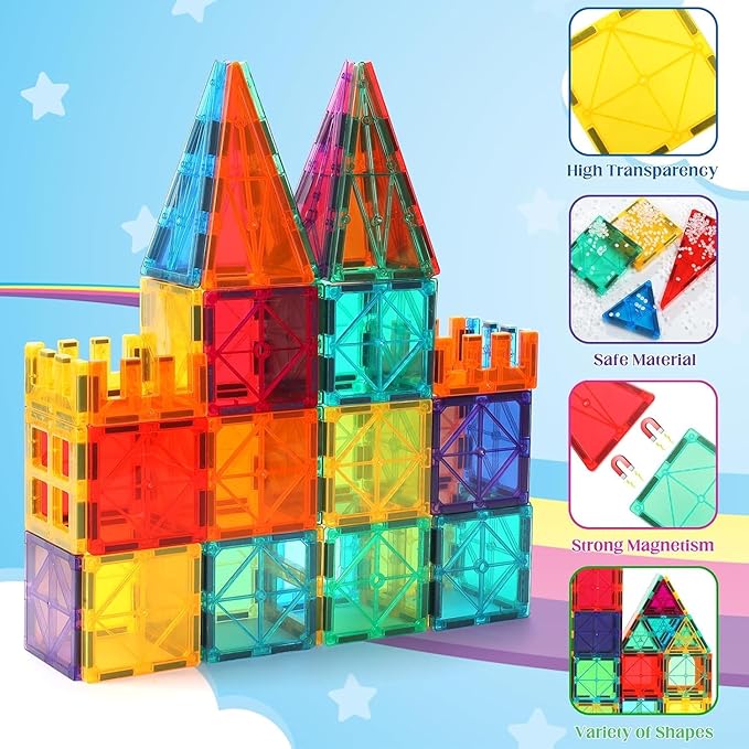 32-Pack Magnetic Tiles–Rainbow Builder Set, 2.95in STEM Construction Kit with Transparent Windows, Expand Creative Play for Kids-PurrikoPets