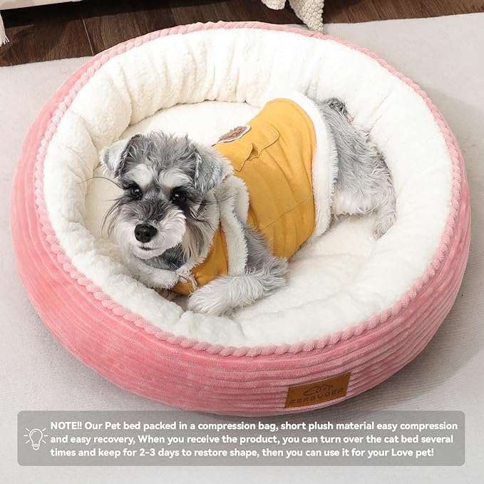 23in Pink Round Cat Dog Bed for Large Medium Small Dogs Cats, Machine Washable Sleeping Sofa, Non-Slip Bottom Breathable Soft Calming Pet Cuddler for Indoor/Outdoor/Car/Cage-PurrikoPets
