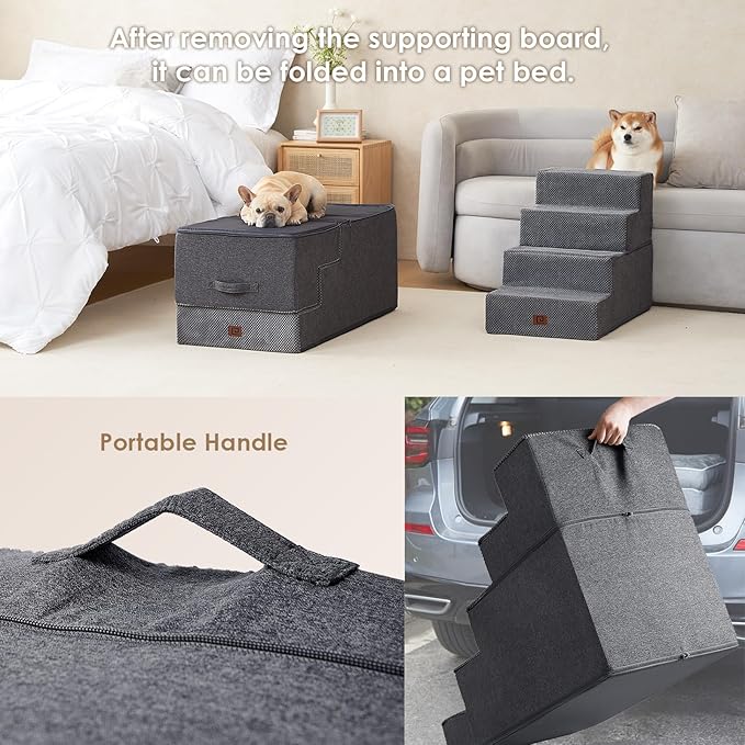 EHEYCIGA Dog Stairs for High Bed 25" H, 5-Step Extra Wide Dog Steps for Bed, Pet Steps for Small Dogs and Cats, Non-Slip Balanced Pet Ramp Indoor, Grey-PurrikoPets