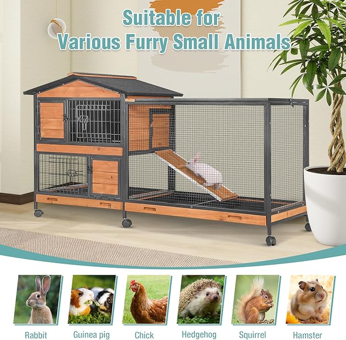 2-Story Rabbit Cage with Chew-Proof Metal Frame for Indoor/Outdoor - 62" Bunny Hutch Guinea Pig Cages with 6 Locking Wheels & 2 Removable Trays for Rabbits/Guinea Pigs-PurrikoPets